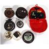 Image 1 : Collection of old fishing reels including a turned mahogany reel, two Bakelite reels, a selection of