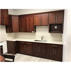 15 PIECE "CHERRY S" KITCHEN CABINET SET INC. 5 BOTTOM CABINETS, 8 TOP CABINETS, MICROWAVE CABINET,