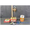 Image 1 : (3) Vintage Tins (Gulf Coin Bank, Crayola, Peppermint Drops) & Miniature Wooden Cuckoo Style Clock
