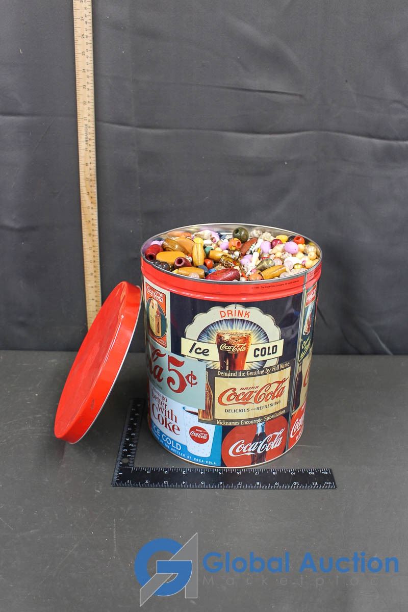 Coca Cola Shell Coca-Cola Tin Full Of Beads and Shells