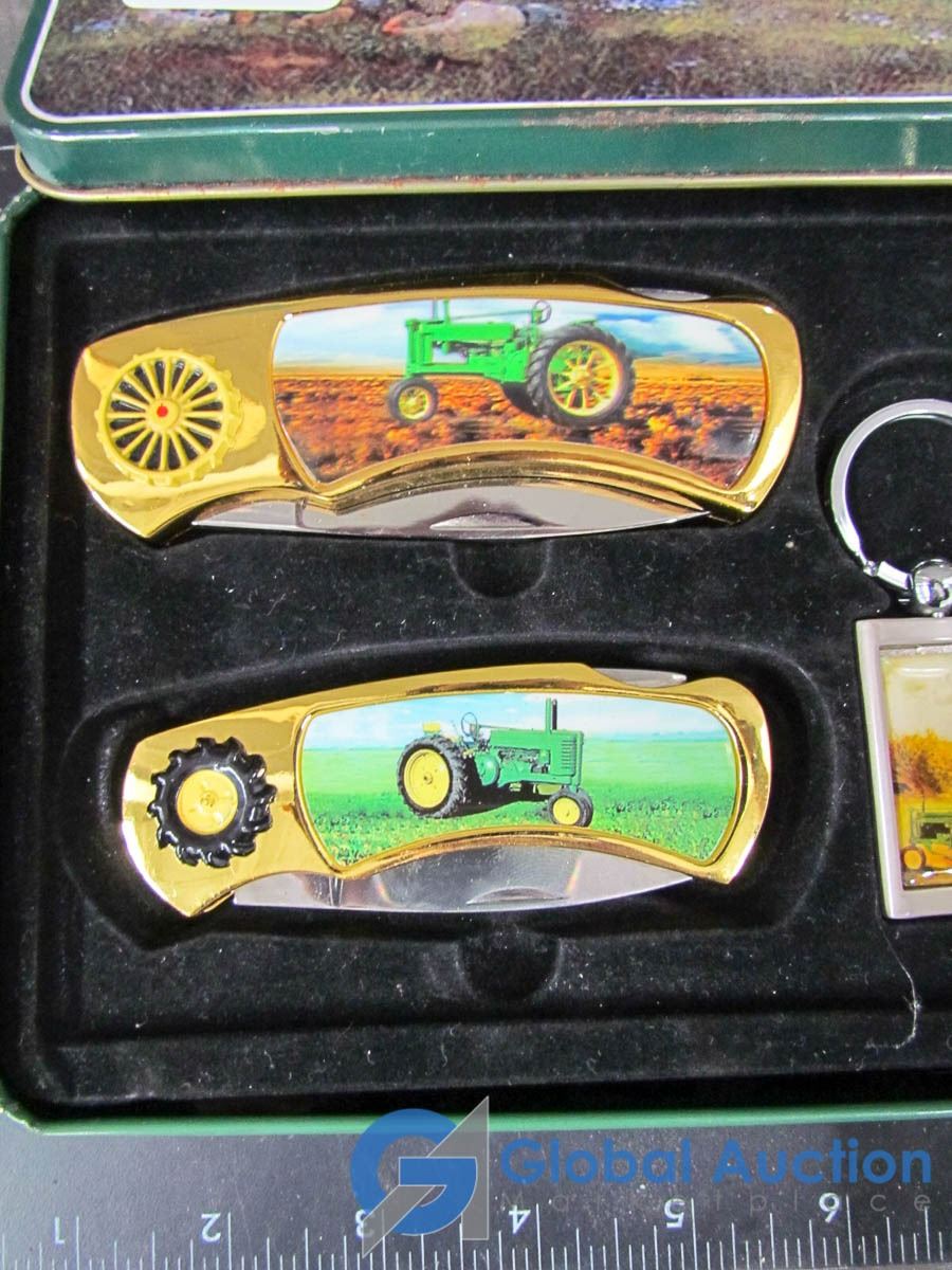 John Deere Tin Case Of Pocket Knives and Keychain