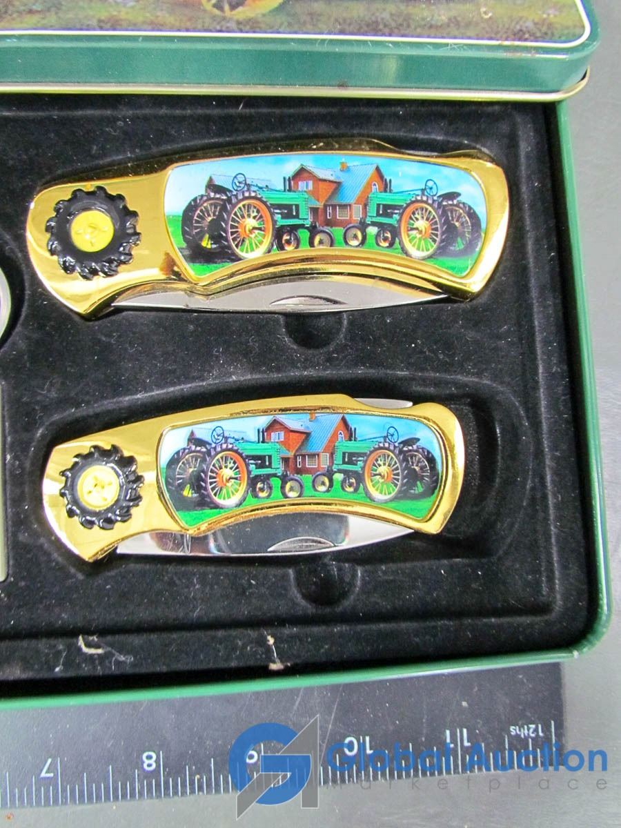 John Deere Tin Case Of Pocket Knives and Keychain