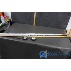 Lot of (2) Hockey Sticks, New: Hespeler & Canadien & (2) Hockey Pucks