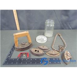 Glass Jar and Ashtray, Dover Dolly Irons, etc