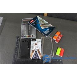 Lighters (4), Derwent Graphite Tinted Pencils Set, Various Phone Cases