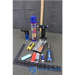 Mastercraft Chisel, Mini Torches, & Butane Can (Partially Full), Allen Wrench Set, Small Screwdriver