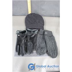 Woman's Black Toque, Ripzone Black Knit Mitts, Black Ladies Gloves