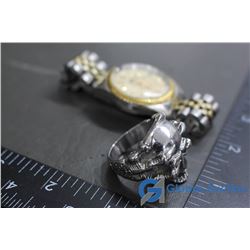 Timex Men's Watch Metal Strap & Men's Skull Ring, Silver Colour