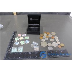 Box of Old Coins, Stamps, Some Jewelry