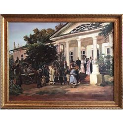 Large late 20thc Russian School, Wedding Party Oil Painting
