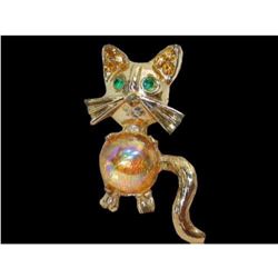 Mid Century Vintage Jelly Belly Rhinestone Cat Brooch