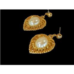Vintage Gold Plate Faux Pearl Heart Earrings