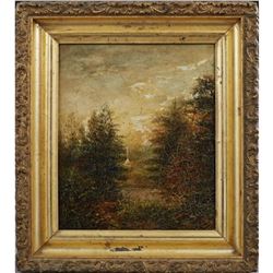 Continental School, "Trees Around a Stream, A Roadside Shrine Beyond," 19th c.