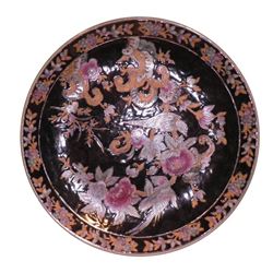 Vintage Oriental Charger Birds Flowers Vines black gold painted highlight 12.5"