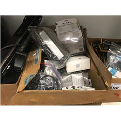 BOX OF HEADPHONES, CABLES, ELECTRONICS, CONTROLLERS, APPLE AIRPORT EXPRESS, ETC