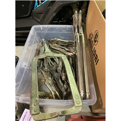 BIN OF ASSORTED VISE GRIPS AND VISE GRIP CLAMPS