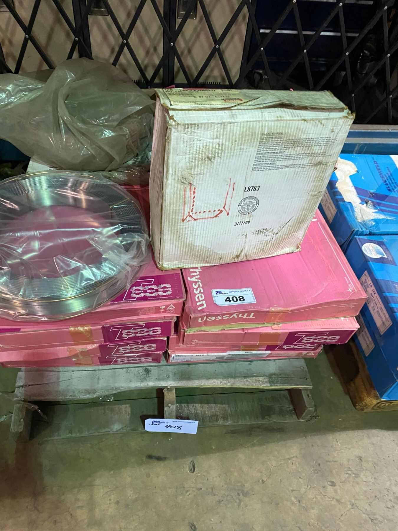 PALLET OF THYSSEN THERMANIT MTS 3 & LINCOLN ELECTRIC COILED WIRE ...