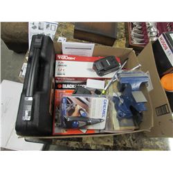 BENCH VICE, DREMEL ELECTRIC ENGRAVER, SCREWDRIVER, HYPERTOUGH 7.2V CORDLESS SHEARS, HYPERTOUGH