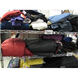 SHELF LOT OF ASSORTED MEN & WOMENS SHIRTS, PANTS, JACKETS, ETC