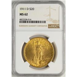 1911-D $20 St. Gaudens Double Eagle Gold Coin NGC MS62