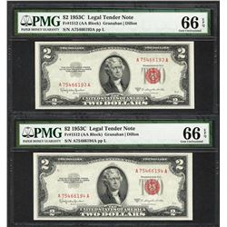 Lot of (2) Consecutive 1953C $2 Legal Tender Notes Fr.1512 PMG Gem Uncirculated 66EPQ