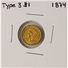 Image 1 : 1874 Type 3 $1 Indian Princess Head Gold Dollar Coin