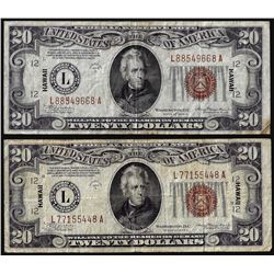 Lot of (2) 1934A $20 Hawaii WWII Emergency Issue Federal Reserve Notes