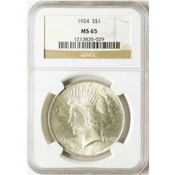 1924 $1 Peace Silver Dollar Coin NGC MS65