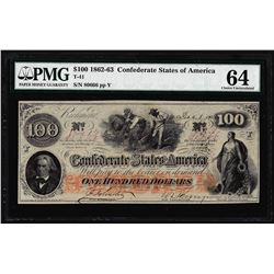 1862-63 $100 Confederate States of America Note T-41 PMG Choice Uncirculated 64