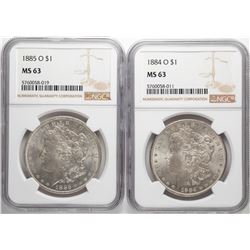 Lot of 1884-O & 1885-O $1 Morgan Silver Dollar Coin NGC MS63