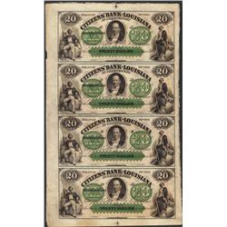 Uncut Sheet of 1800's $20 Citizens Bank of Louisiana Obsolete Notes