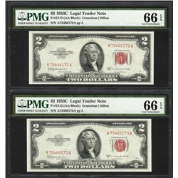 Lot of (2) Consecutive 1953C $2 Legal Tender Notes Fr.1512 PMG Gem Uncirculated 66EPQ