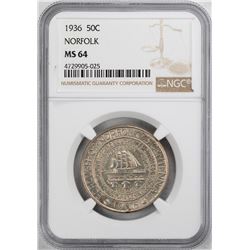 1936 Norfolk Bicentennial Commemorative Half Dollar Coin NGC MS64