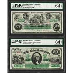 Lot of 1872 $20 & $50 South Carolina Revenue Bond Obsolete Notes PMG Choice Unc. 64EPQ