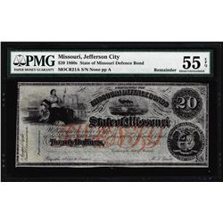 1860's $20 State of Missouri Defence Bond Obsolete Note PMG About Uncirculated 55EPQ