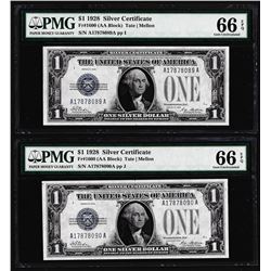 (2) Consecutive 1928 $1 Funnyback Silver Certificate Notes PMG Gem Uncirculated 66EPQ