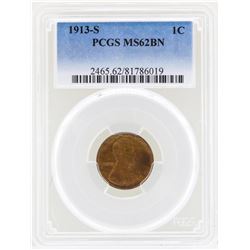 1913-S Lincoln Wheat Penny Coin PCGS MS62BN