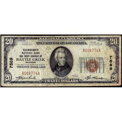 1929 $20 Old Merchants NB Battle Creek, MI CH# 7589 National Currency Note