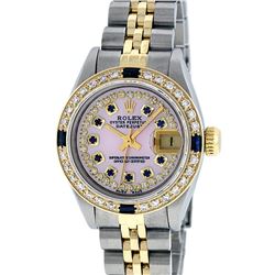Rolex Ladies Two Tone 14K Pink MOP Diamond & Sapphire String Datejust Watch