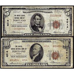 Set of 1929 $5/$10 United States NB Portland, OR CH# 4514 National Currency Notes