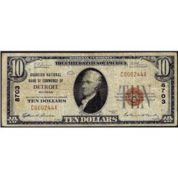 1929 $10 Guardian NB of Commerce of Detroit, MI CH# 8703 National Currency Note