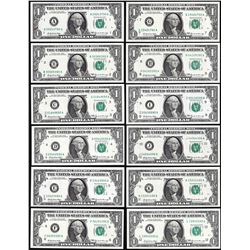 District Set of (12) 1969 $1 Federal Reserve Notes