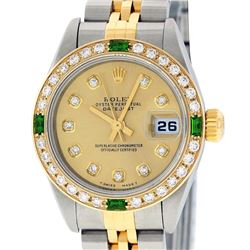 Rolex Ladies 2 Tone 18K Quickset Champagne Diamond & Emerald Datejust Wristwatch