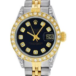 Rolex Ladies 2 Tone 14K Black Diamond Lugs Datejust Wristwatch