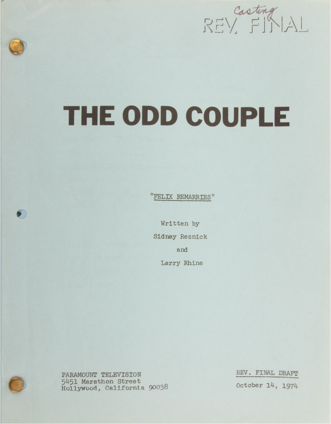 The Odd Couple (30+) episode shooting scripts.