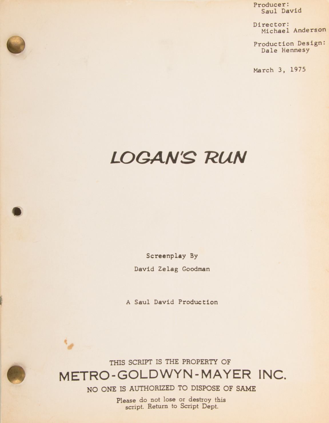 Script Logan Logan's Run feature-film shooting script.
