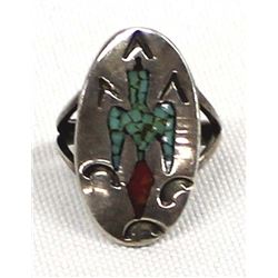 Vintage Navajo Sterling Chip Inlay Ring, Size 4.5