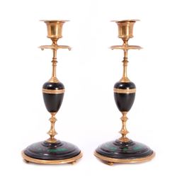Pair of inlaid brass candlesticks.