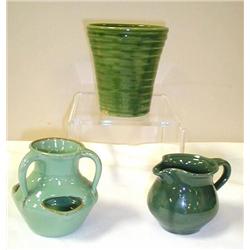 Cornelison Pottery-(3) 3-handle pot, green creame