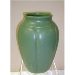 Pottery-8.5 6-lobe green vase - possibly Zanesvil
